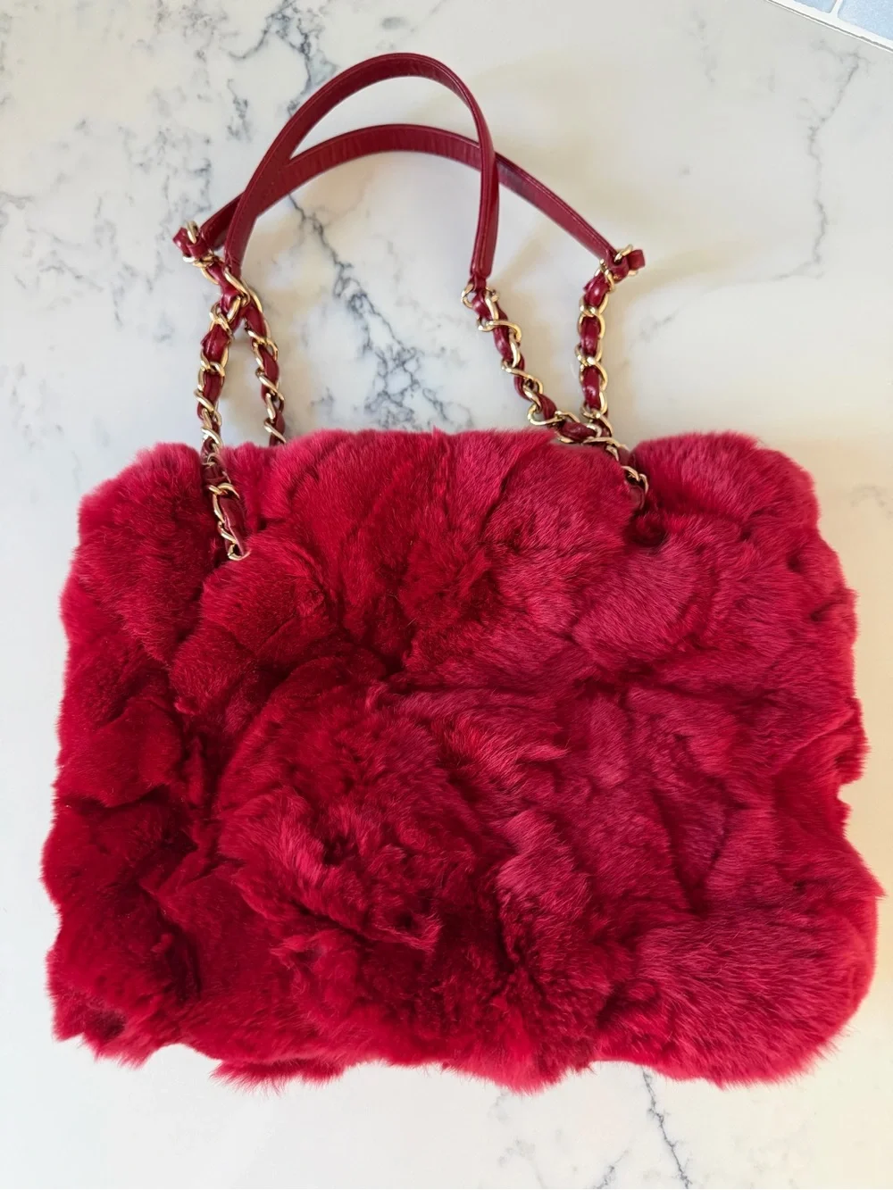 CHANEL Red Rabbit Fur Tote with Gold CC Charm and Chain Handles